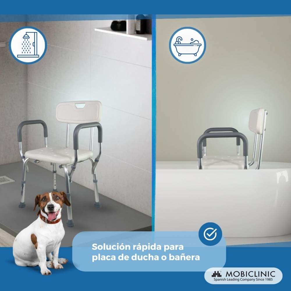 Silla de ducha con perro; taburete en bañera.