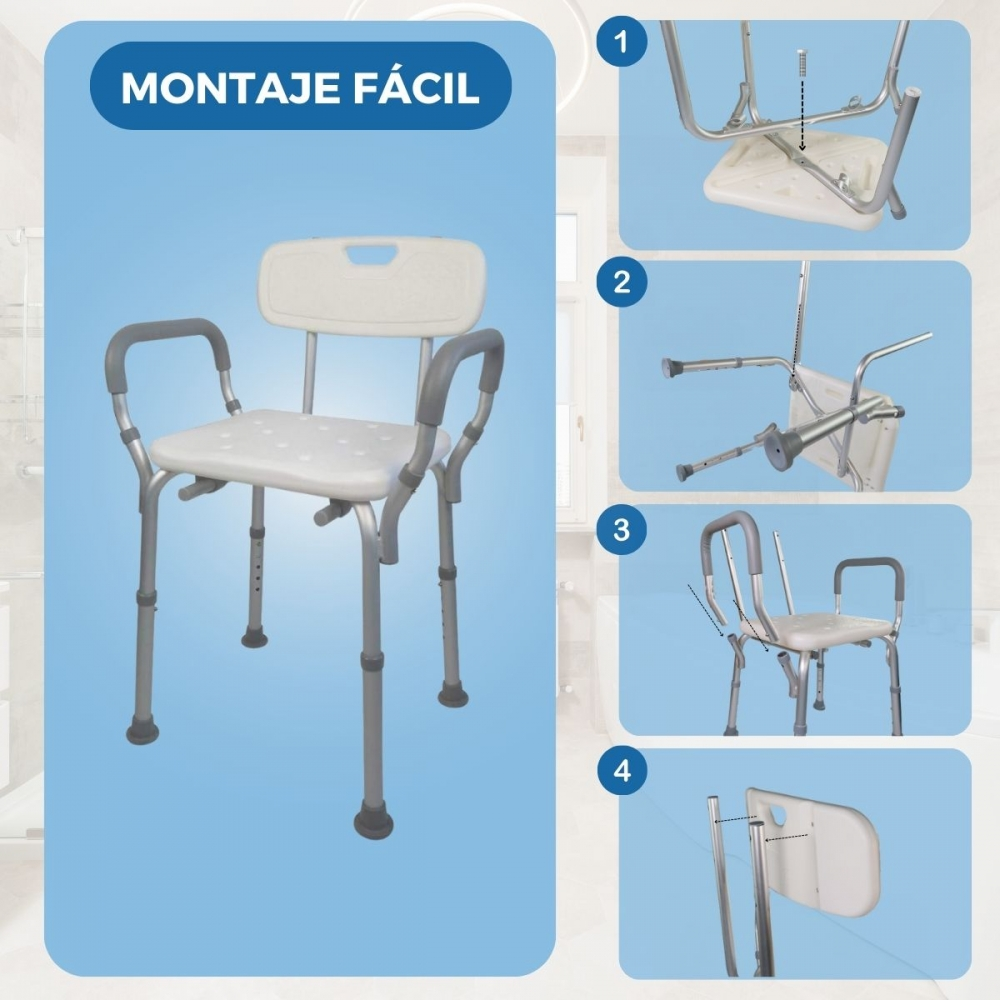 Silla de ducha con respaldo y reposabrazos, instrucciones de montaje en 4 pasos.