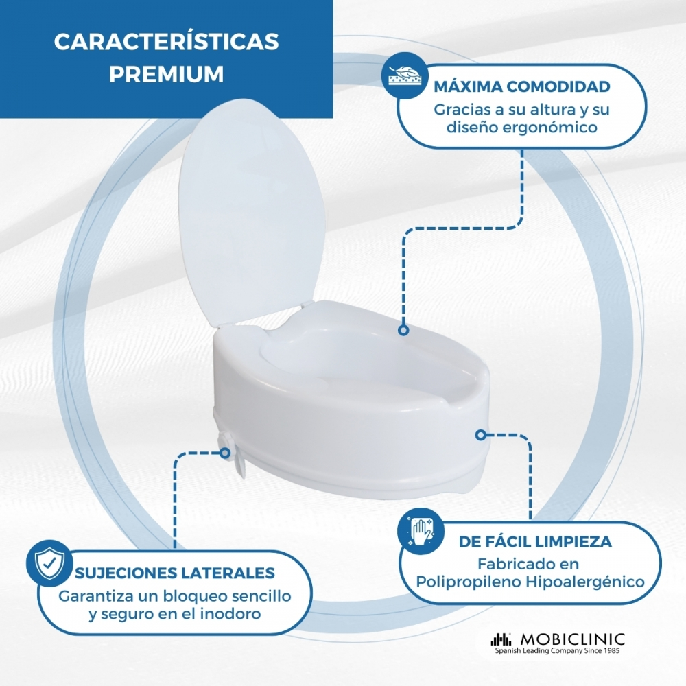 Un elevador de asiento de inodoro blanco con tapa abierta. El texto resalta características.