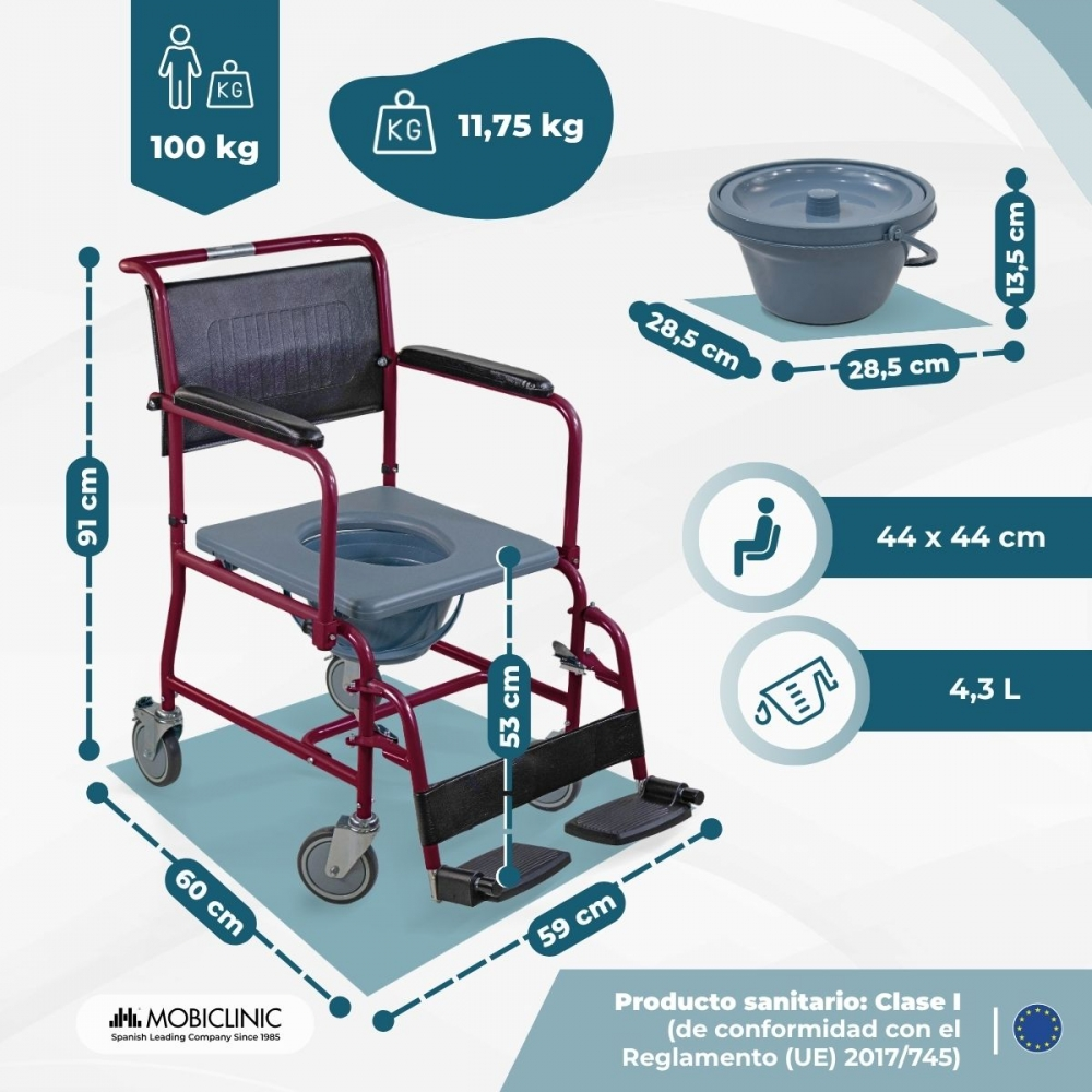 Silla de ruedas roja con inodoro, medidas 91x60x59 cm, capacidad 100 kg.