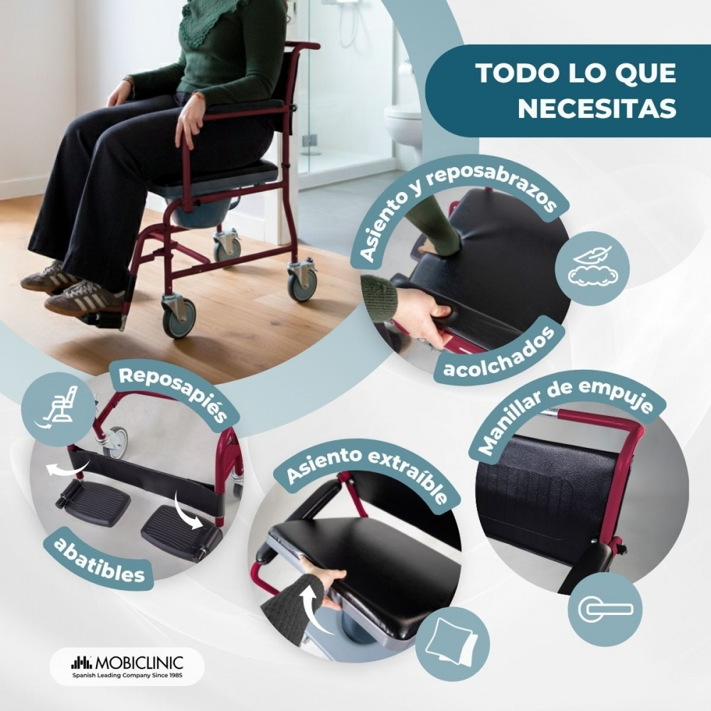 Silla de ruedas con reposapiés abatibles y acolchados.