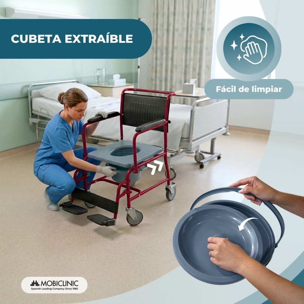 Enfermera muestra cubo extraíble de silla de inodoro en habitación de hospital.