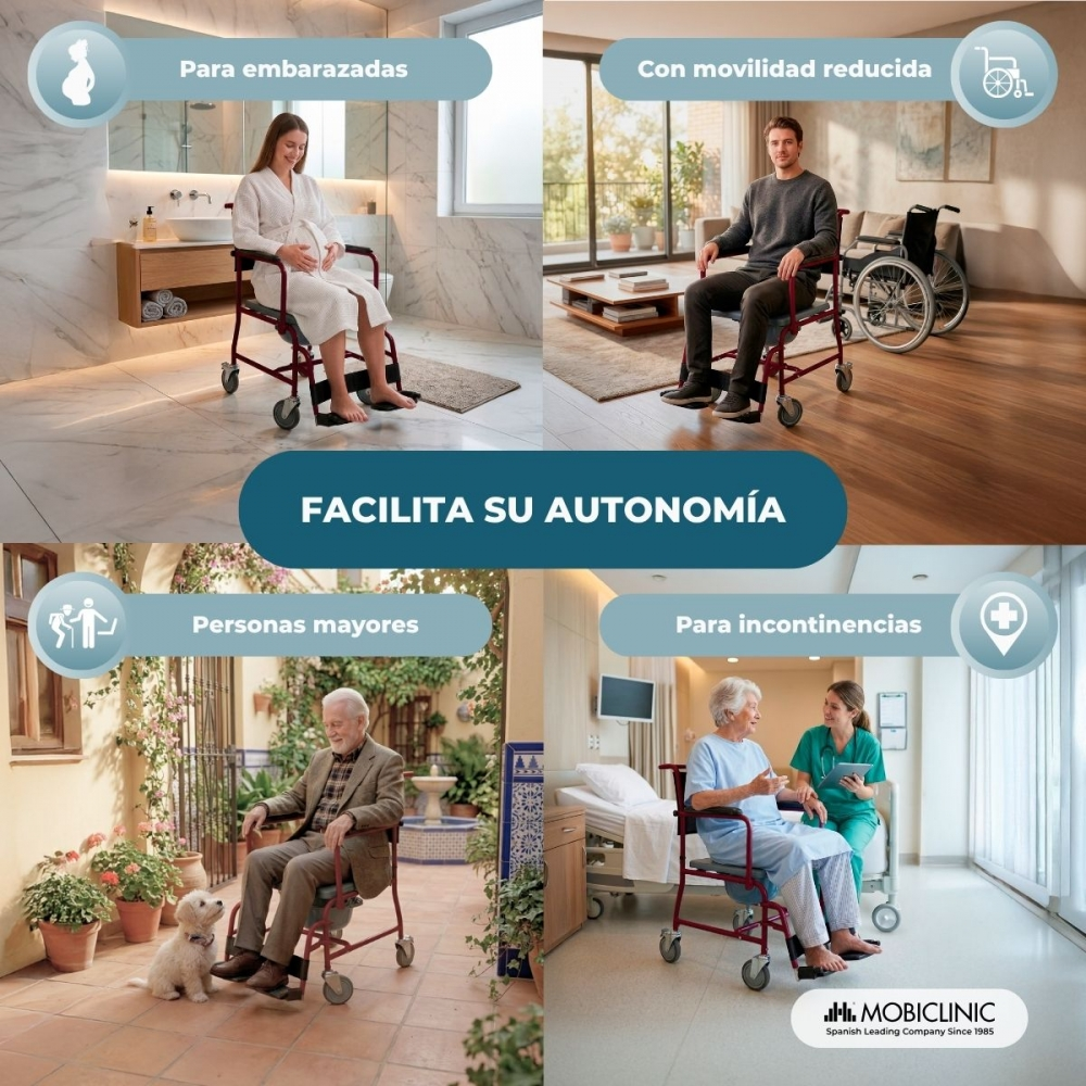 Cuatro escenas: Embarazada, movilidad reducida, mayores, incontinencia.