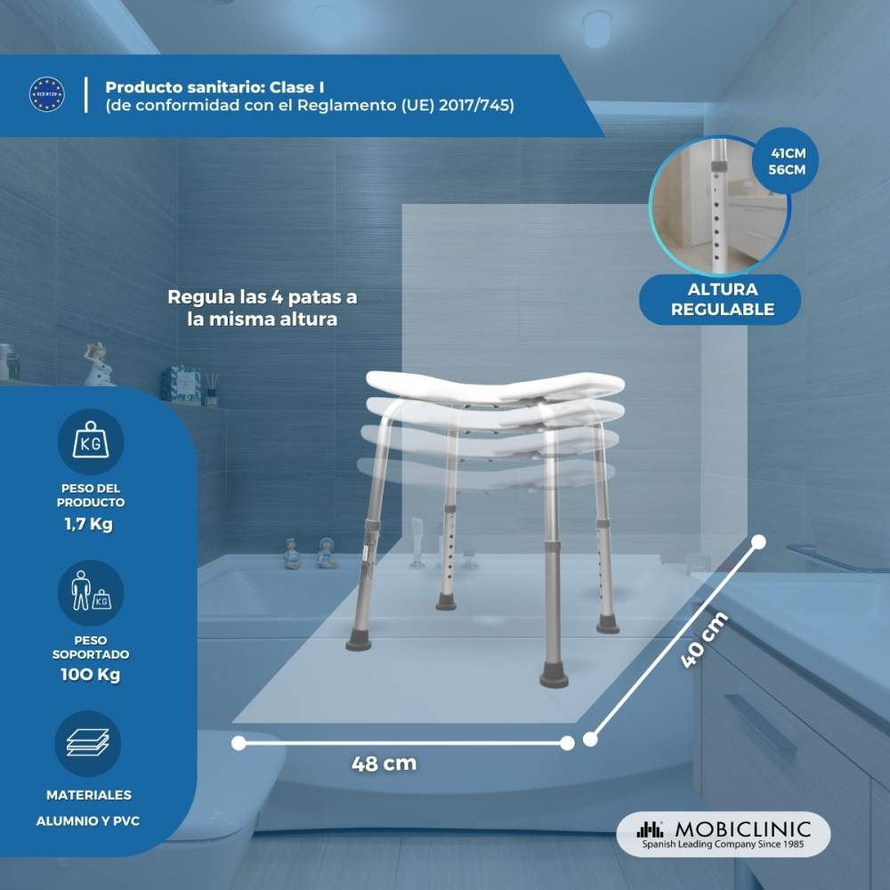 Un taburete de ducha regulable en altura de aluminio y PVC con 4 patas.