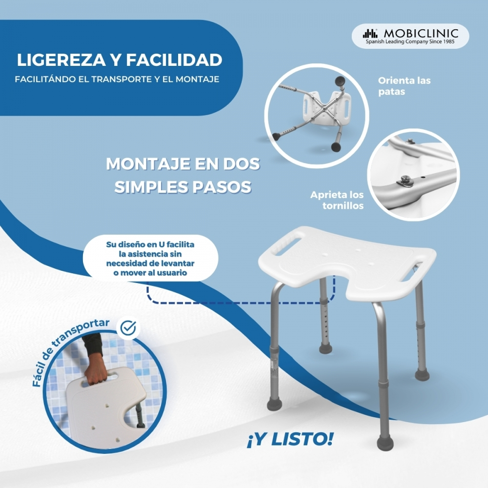 Un taburete de ducha blanco con asiento en forma de U y patas ajustables.