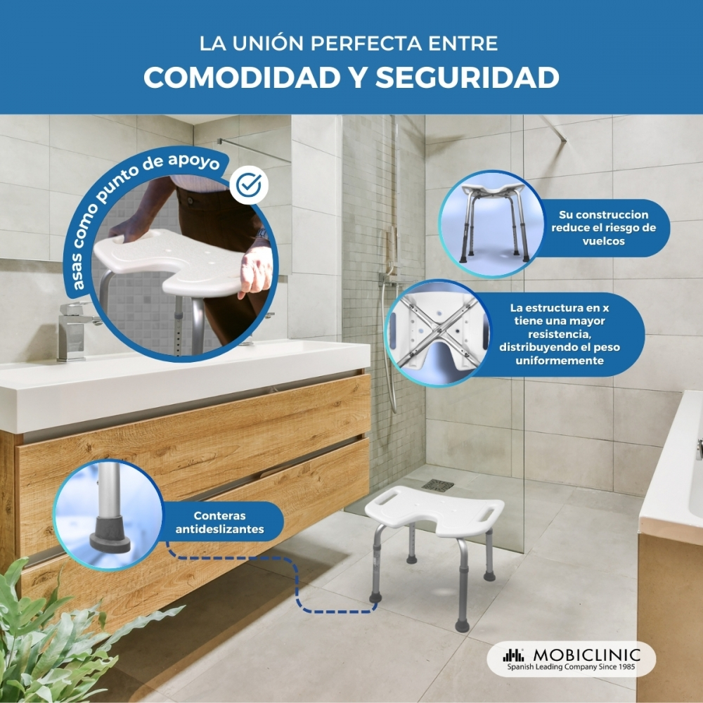 Un taburete de ducha con asas y pies antideslizantes.