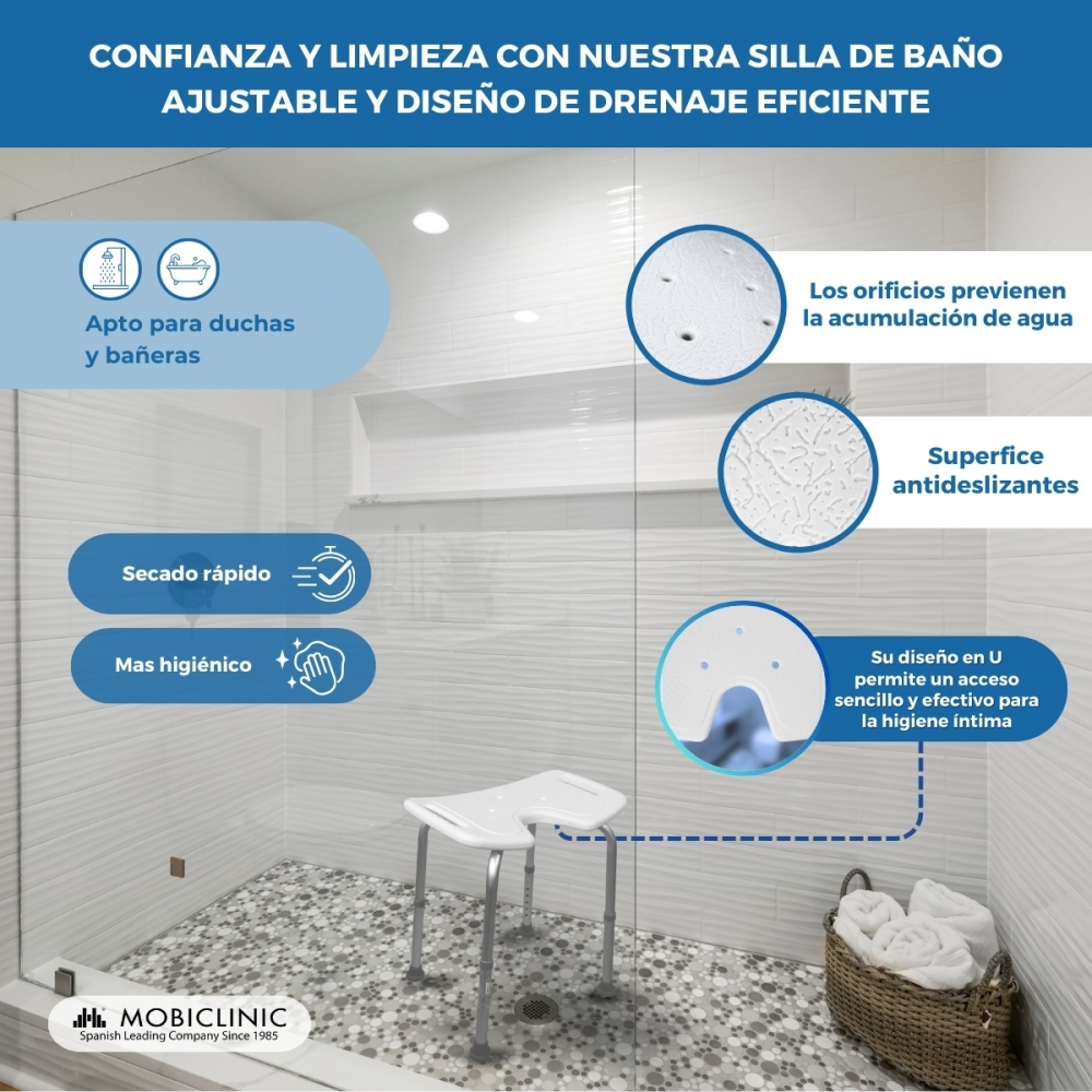 Una silla de ducha ajustable con diseño de drenaje en una ducha moderna.
