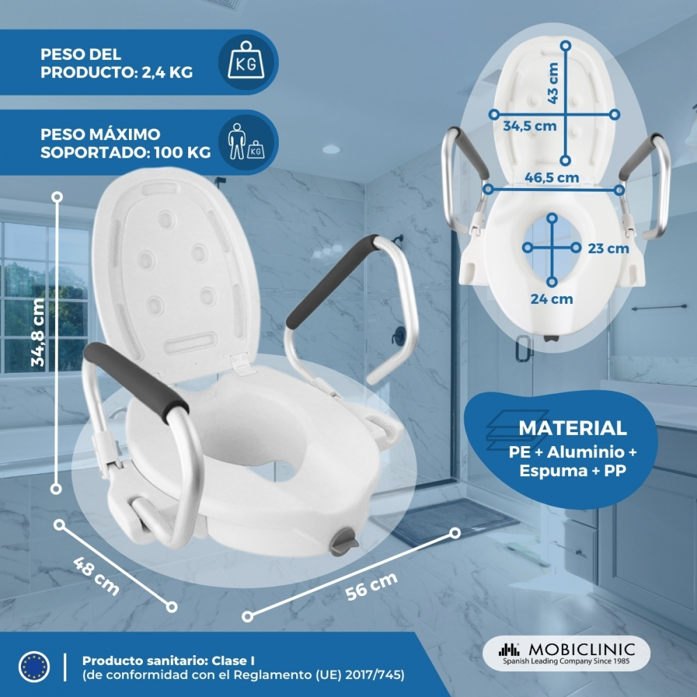 Asiento elevador de inodoro con reposabrazos, medidas y material.