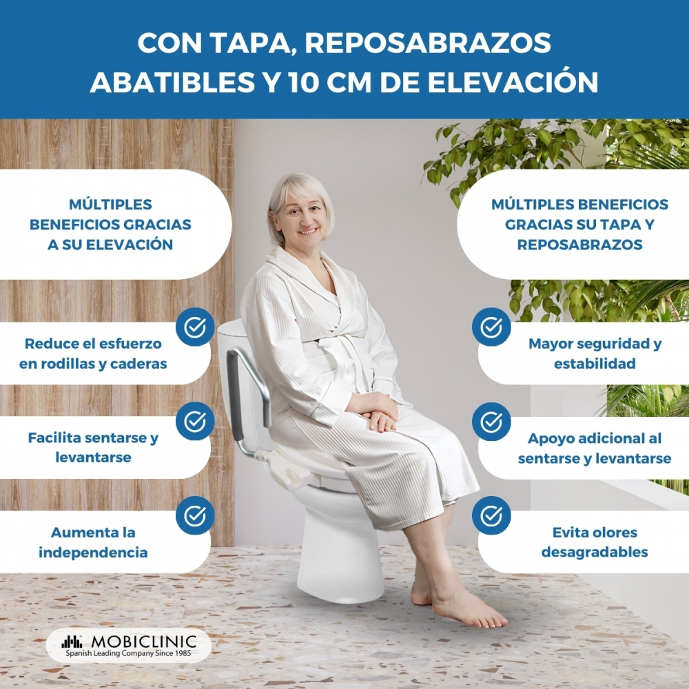 Mujer mayor sentada en inodoro blanco con apoyabrazos. Texto resalta beneficios.