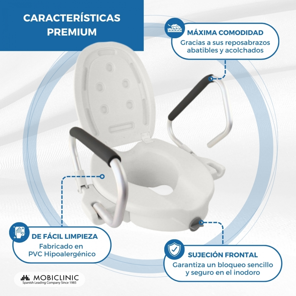 Asiento elevador de inodoro con brazos y sujeción frontal.