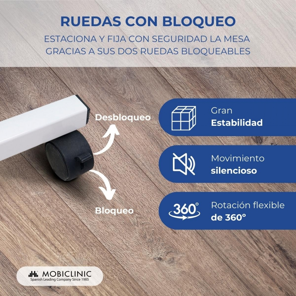 Una pata de mesa blanca con una rueda negra que se puede bloquear o desbloquear.