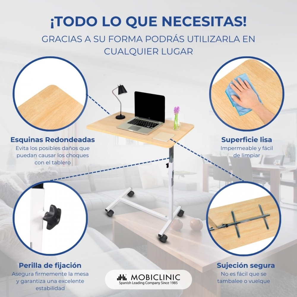 Una mesa ajustable para portátil con esquinas redondeadas, superficie lisa y fijación segura.