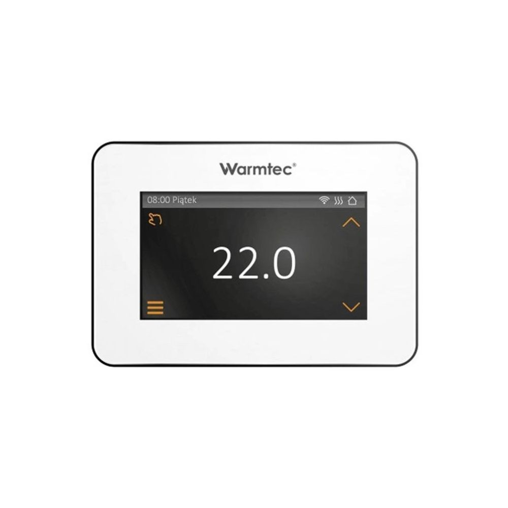Termostat Warmtec pokazuje 22 stopnie Celsjusza. Jest godzina 08:00.
