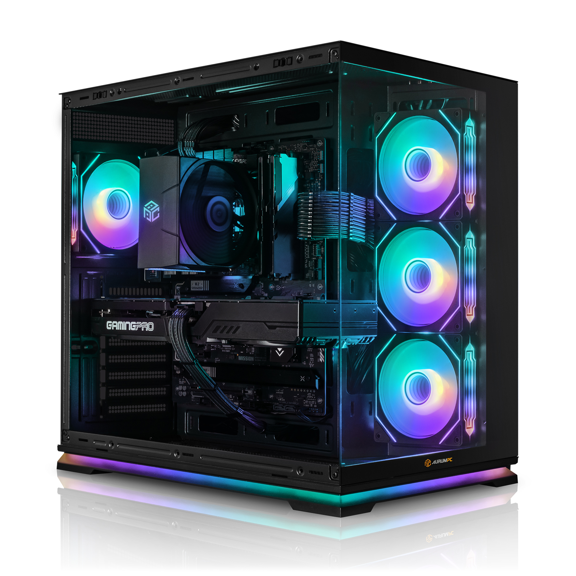 Ein leistungsstarker PC mit RGB-Beleuchtung, sichtbaren Komponenten und Lüftern.