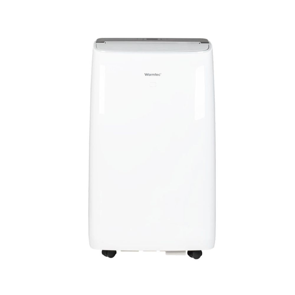 Biały przenośny klimatyzator osuszacz z kółkami.