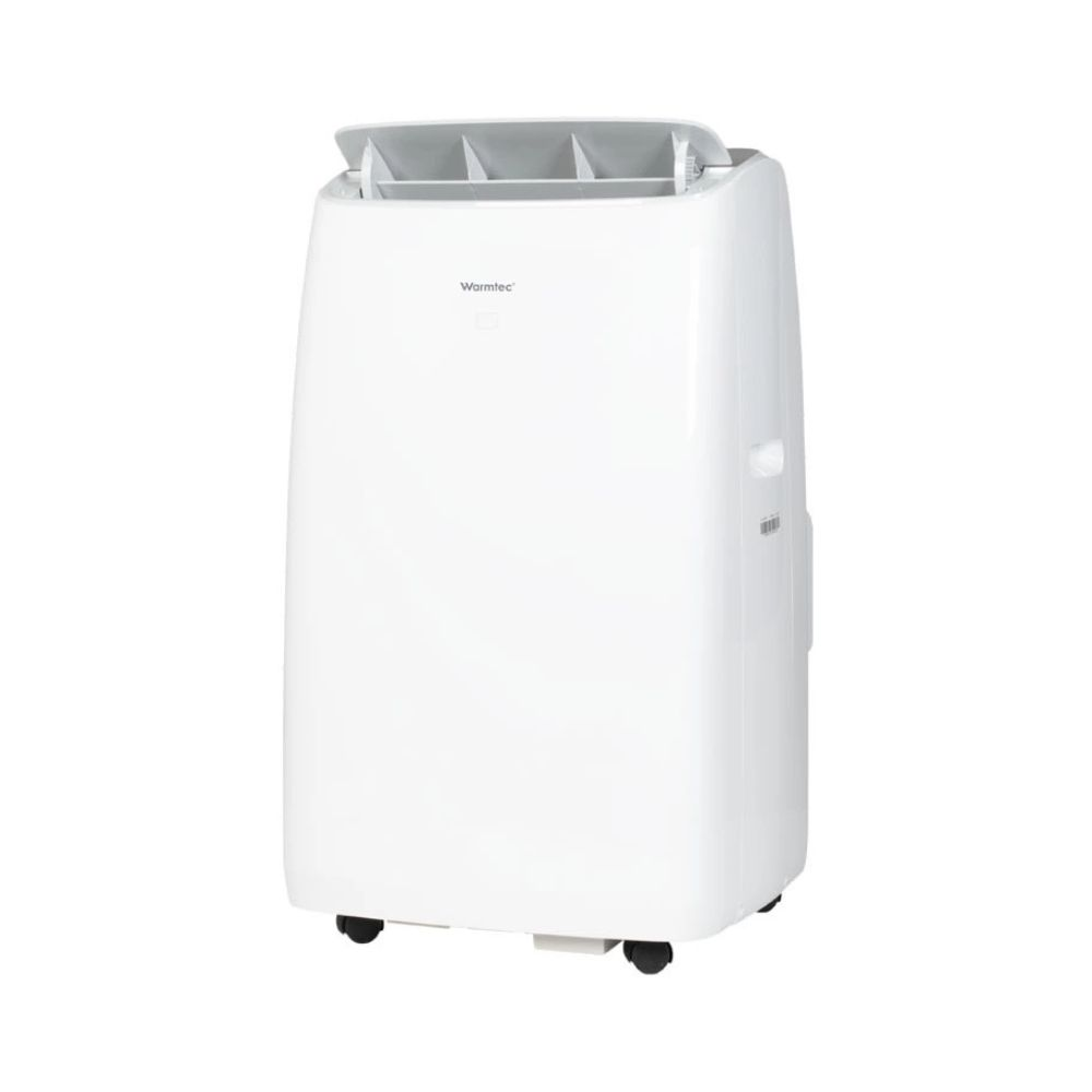 Biała przenośna jednostka klimatyzacyjna z kółkami i górnymi otworami wentylacyjnymi.
