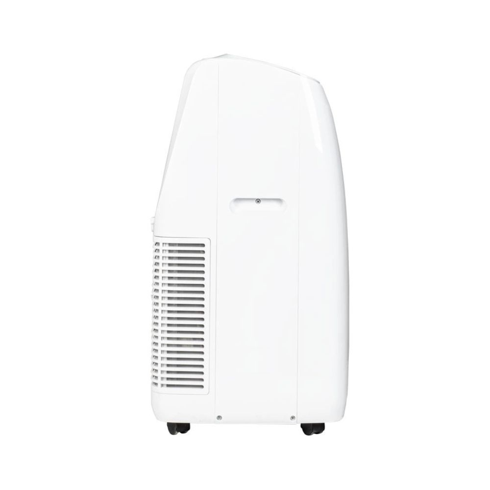 Biała wieża przenośnego klimatyzatora z kółkami i otworami wentylacyjnymi.