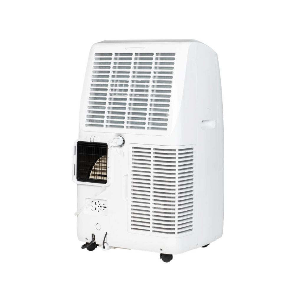 Biała przenośna klimatyzacja z otworami wentylacyjnymi z przodu i po bokach, na kółkach.