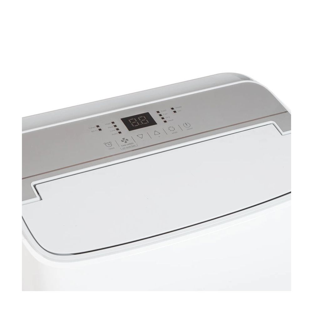 Zbliżenie panelu sterowania białego urządzenia z cyfrowym wyświetlaczem i przyciskami.