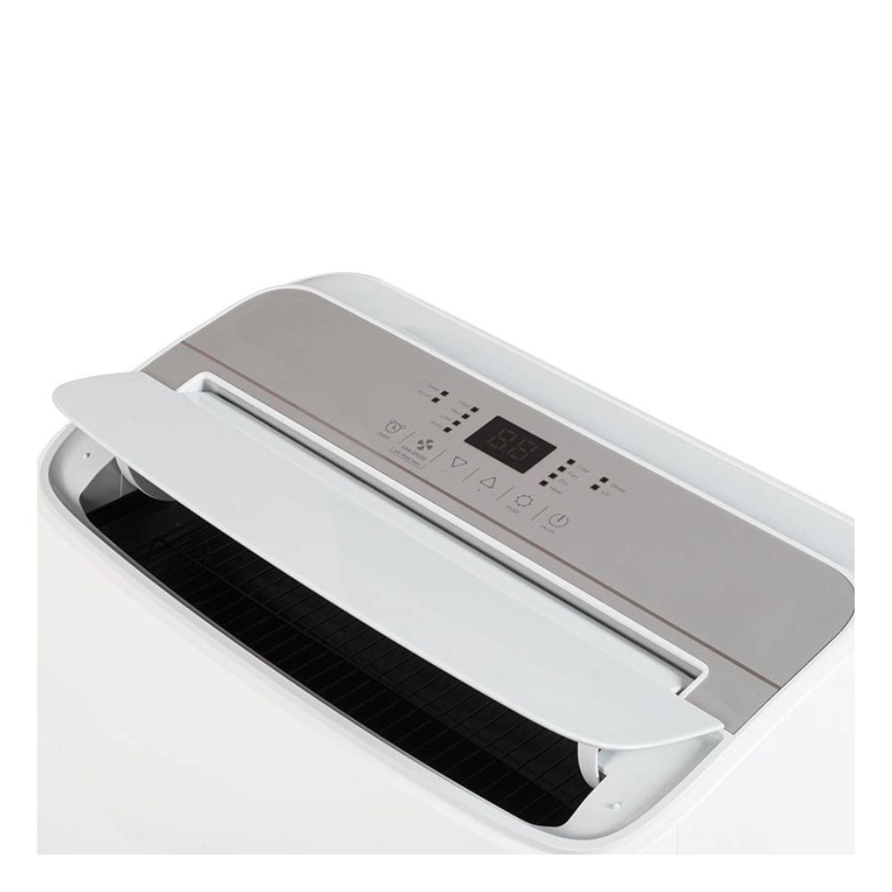 Biały osuszacz powietrza z cyfrowym wyświetlaczem i otwartą kratką wentylacyjną.