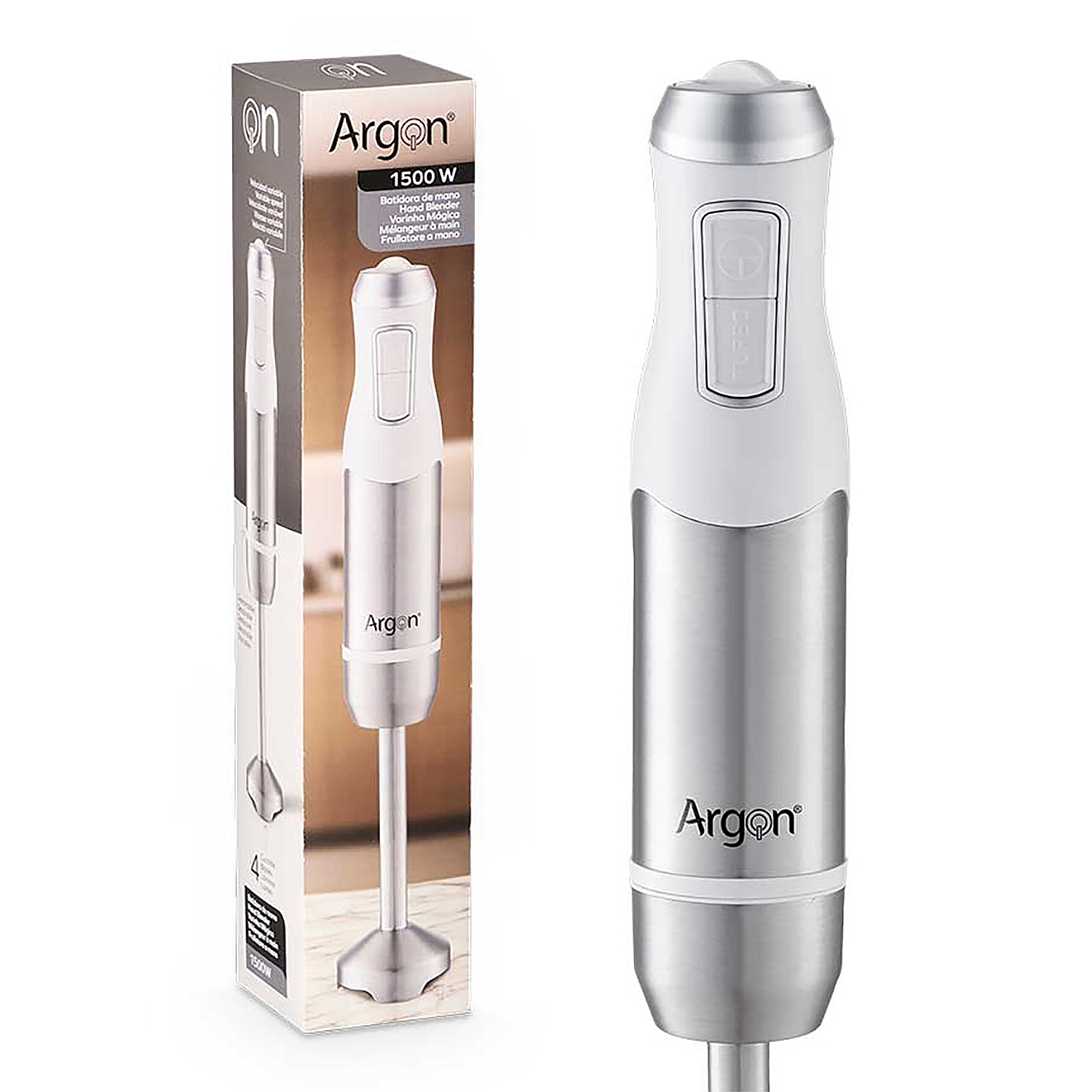 Un frullatore a mano argento e bianco con logo "Argon" e due pulsanti.
