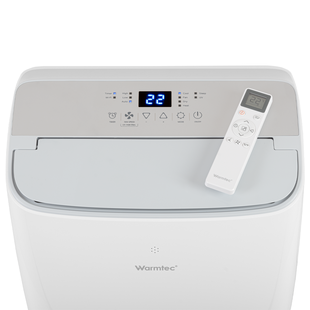 Biały osuszacz klimatyzatora z pilotem i cyfrowym wyświetlaczem pokazującym 22 stopnie.