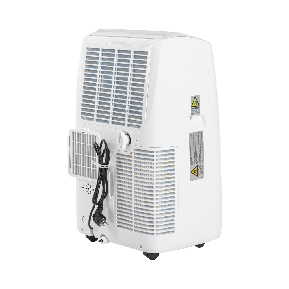 Biała przenośna wież  klimatyzatora z kablem i kółkami.