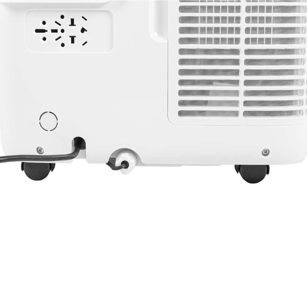 Zbliżenie tyłu białego urządzenia z kółkami, gniazdkami i kratką wentylacyjną.