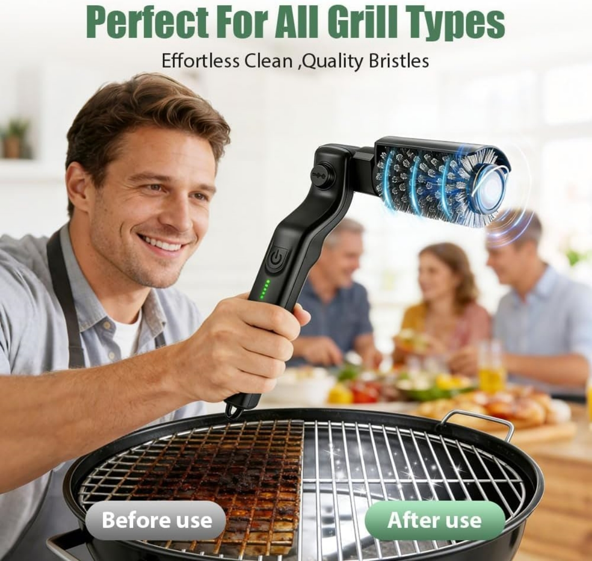 Mann hält Grillbürste über einen Grill. Vorher/Nachher-Vergleich.