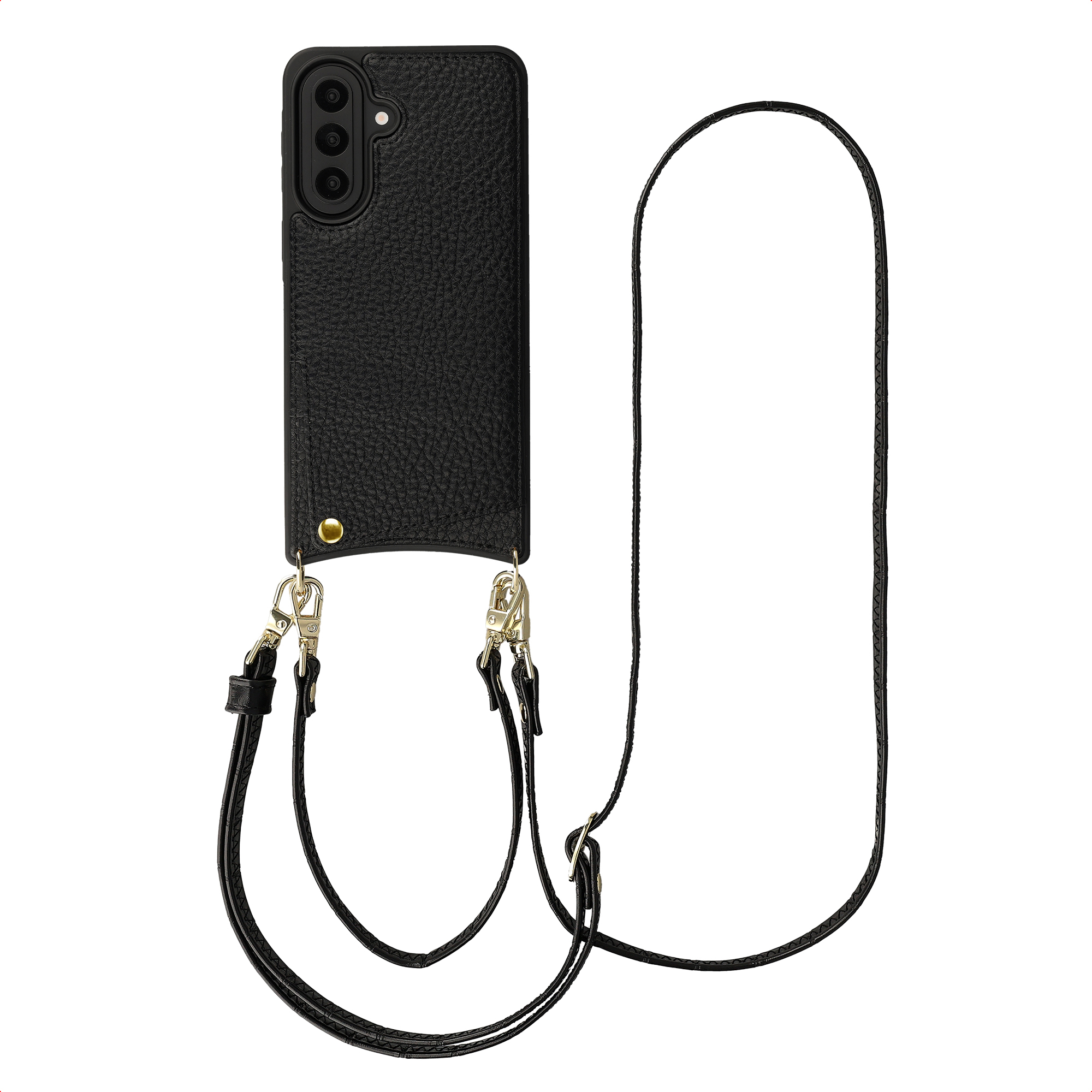 Coque noire pour téléphone avec triple appareil photo et lanière détachable.