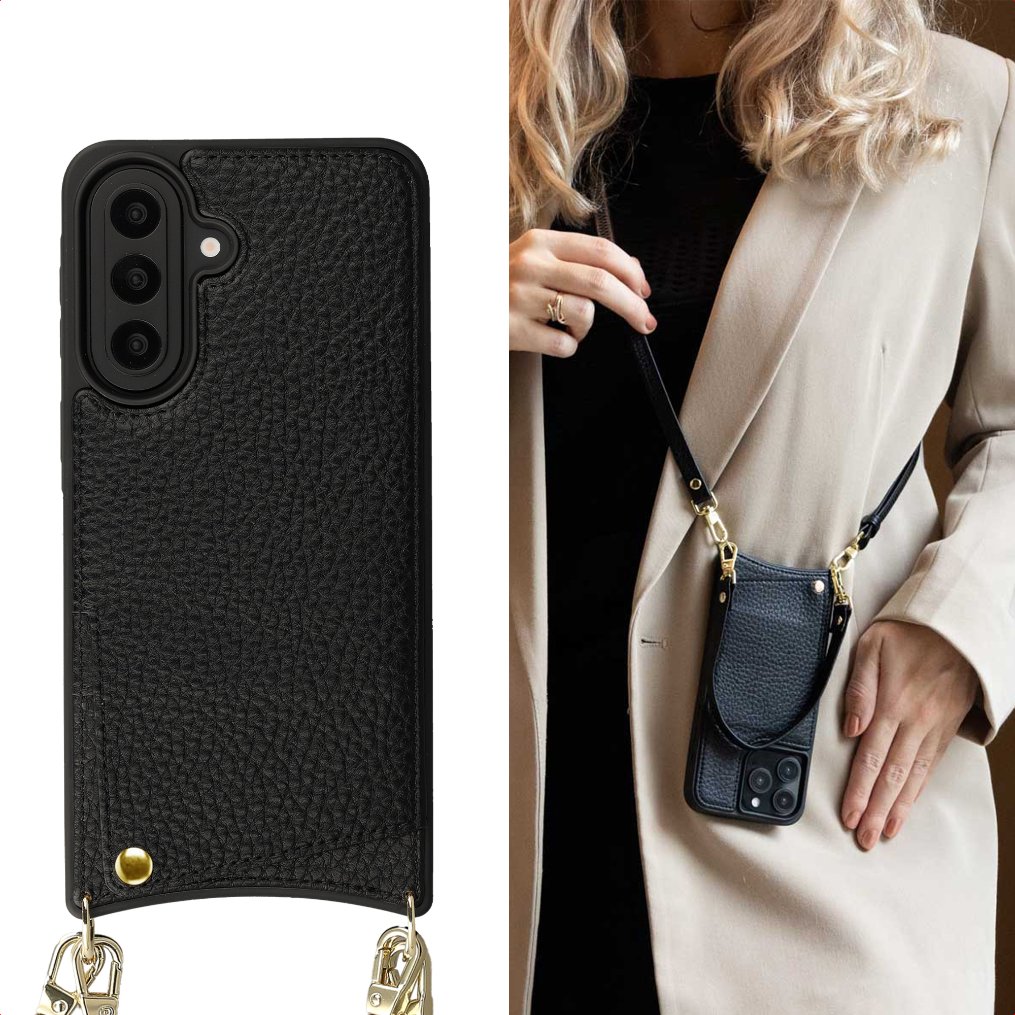 Coque de téléphone noire en cuir avec sangle et fermoirs dorés. Montrée sur une personne.