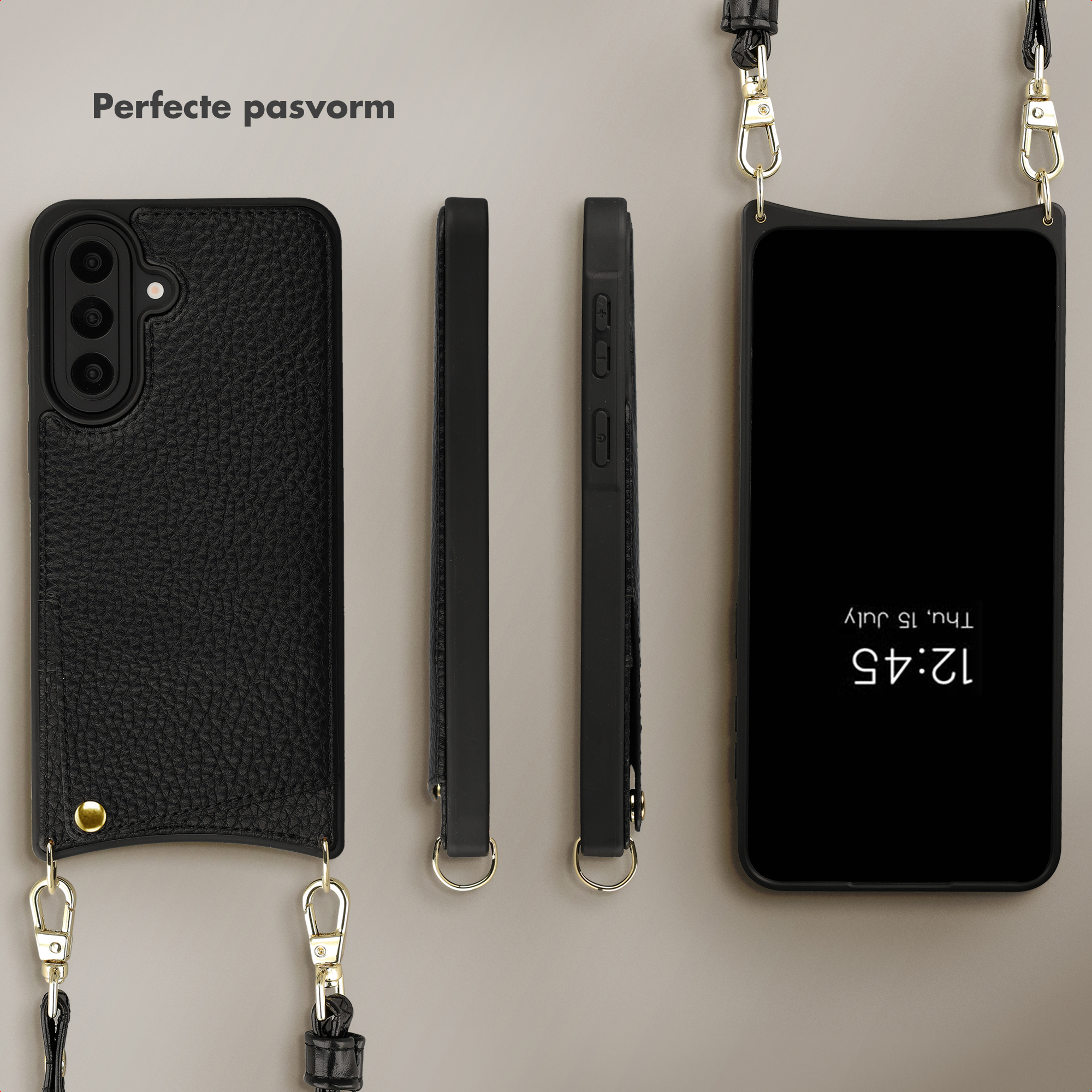 Coque de téléphone noire texturée avec appareil photo et lanières, vues multiples.