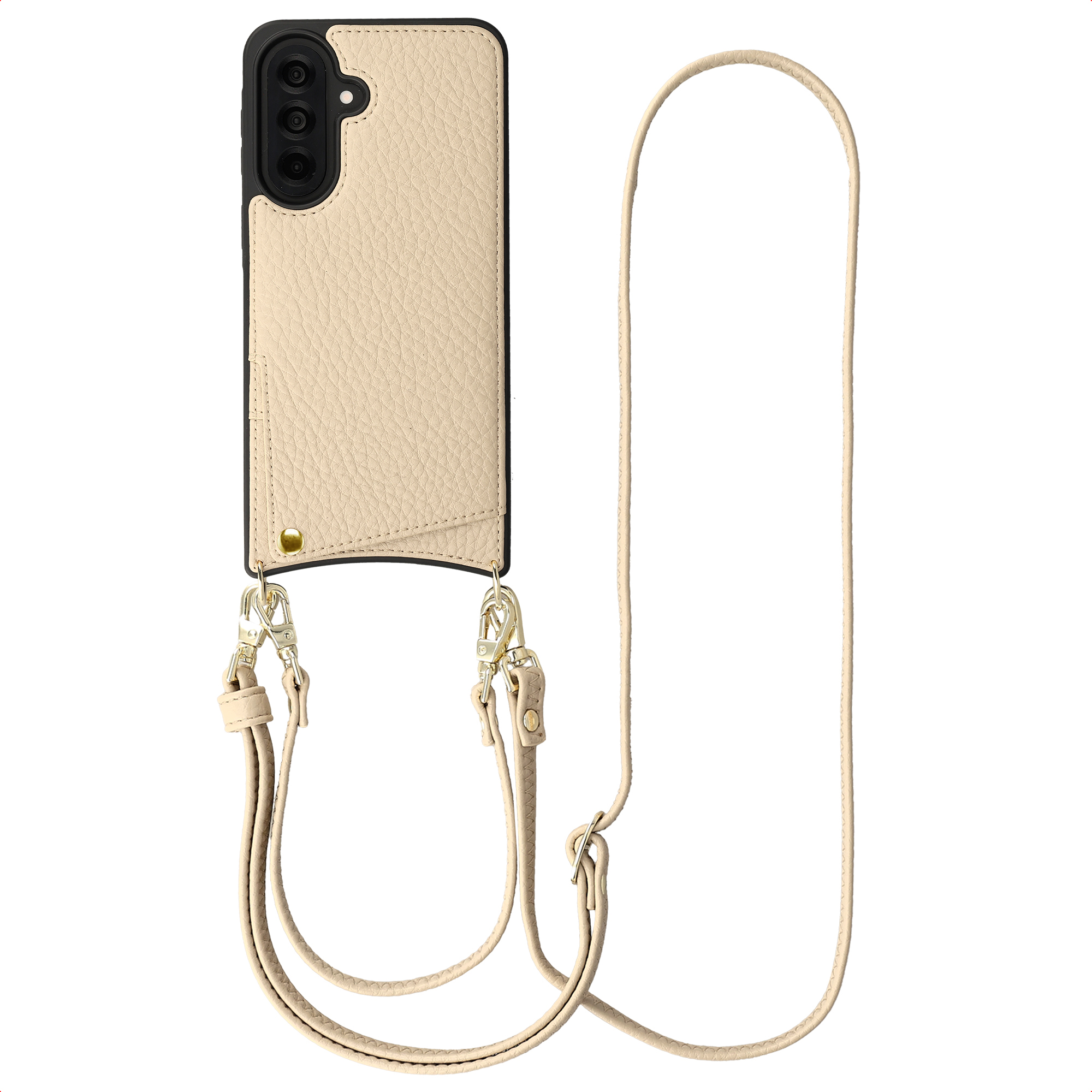 Coque beige pour téléphone avec triple appareil photo et lanière.