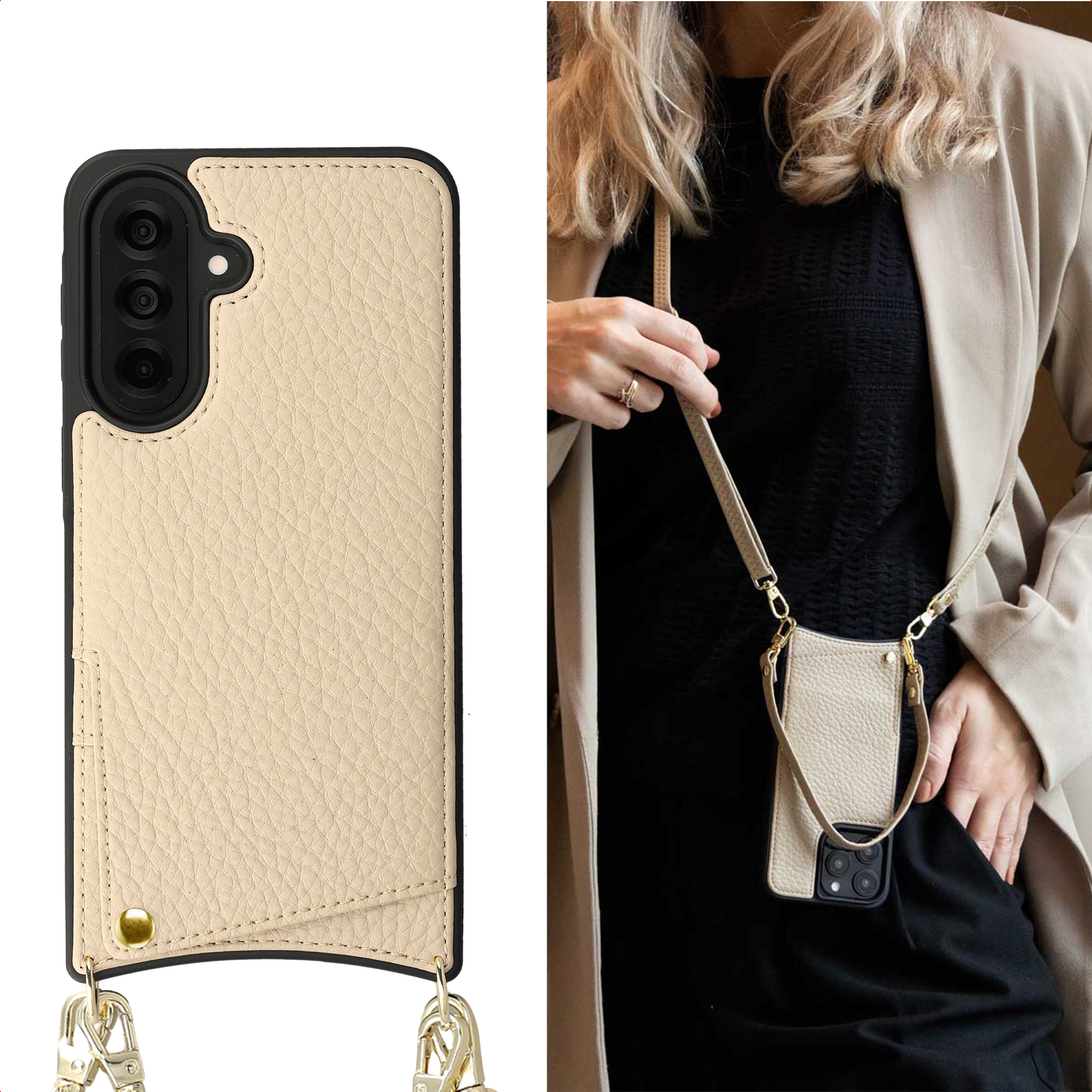 Étui de téléphone en cuir beige avec sangle et module caméra.