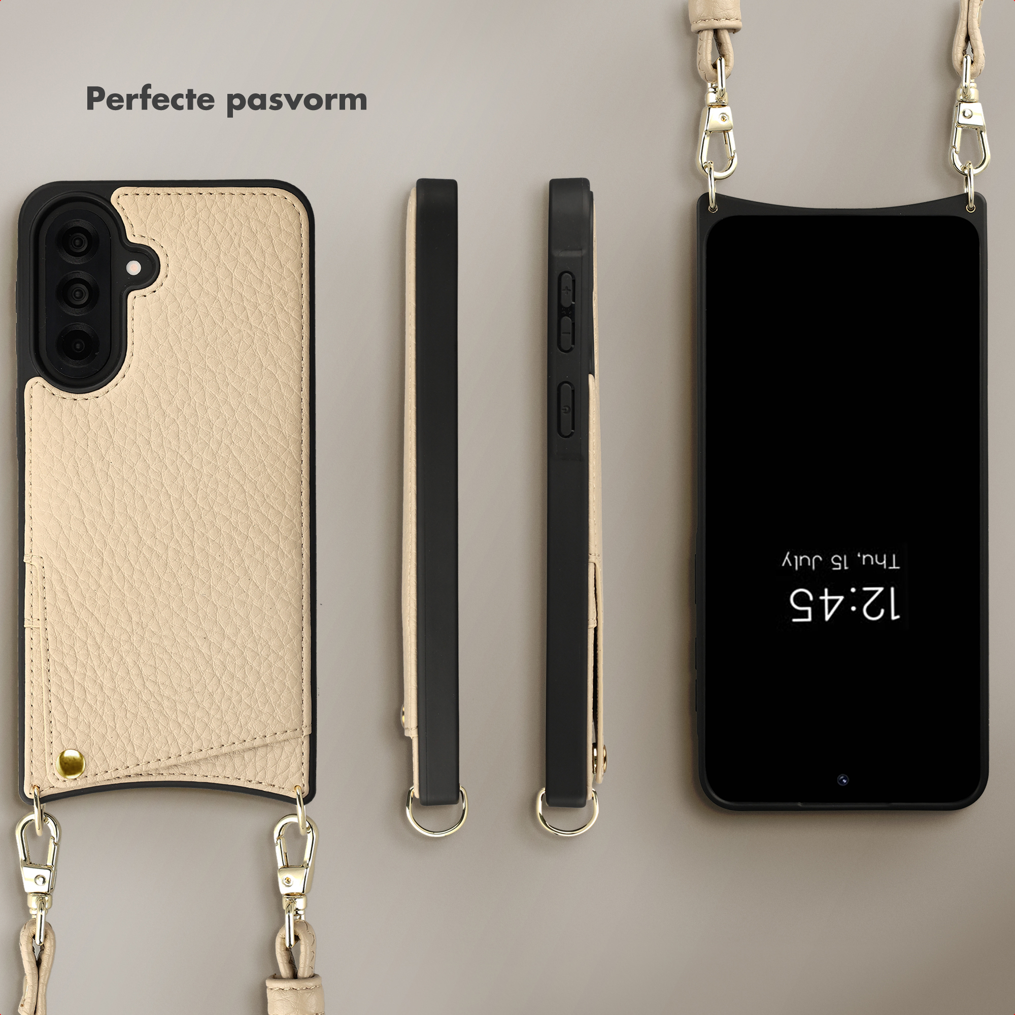 Étui de téléphone en cuir beige avec bandoulière, vues avant, latérale et arrière.