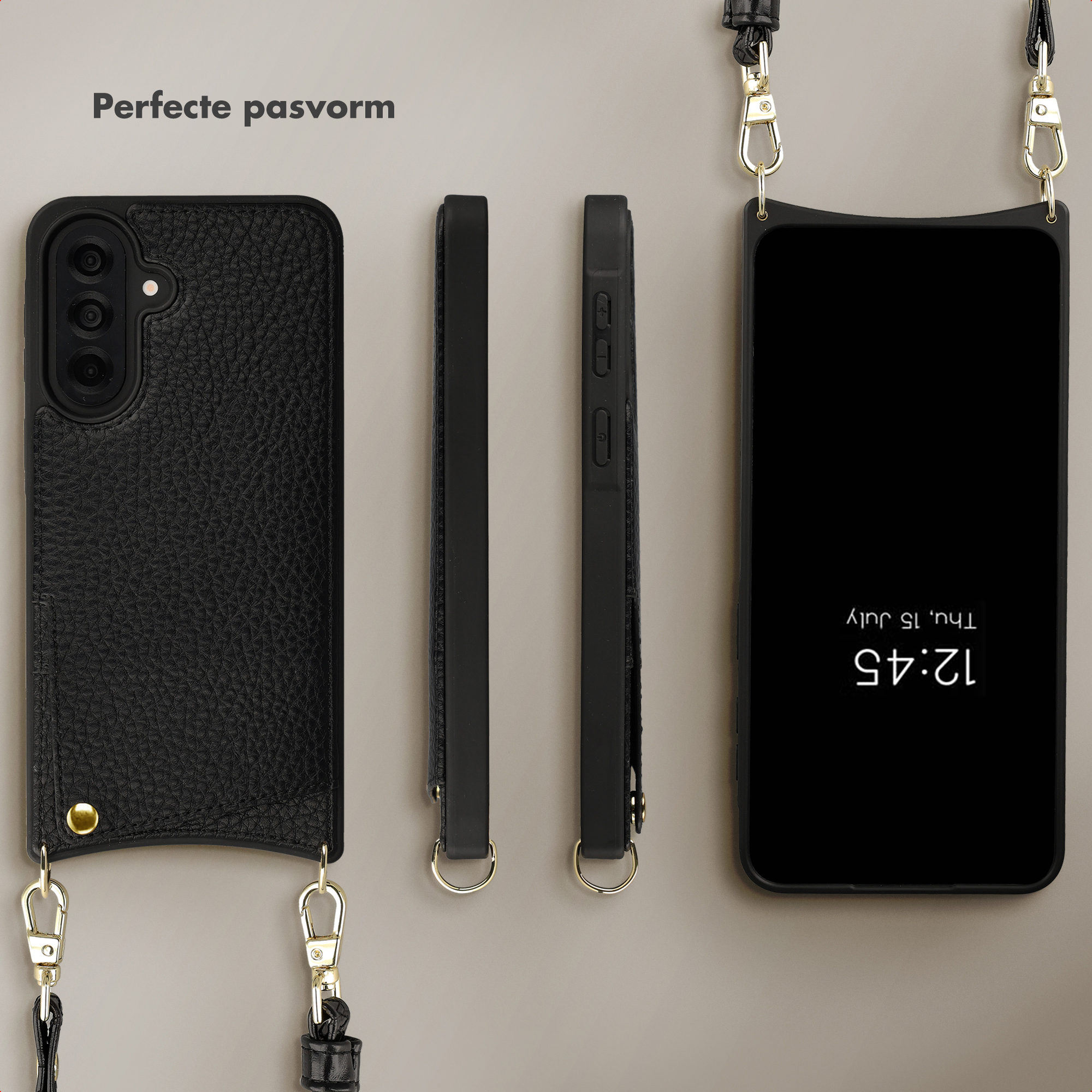 Coque de téléphone noire texturée avec lanière. Affiche l'heure et la date.