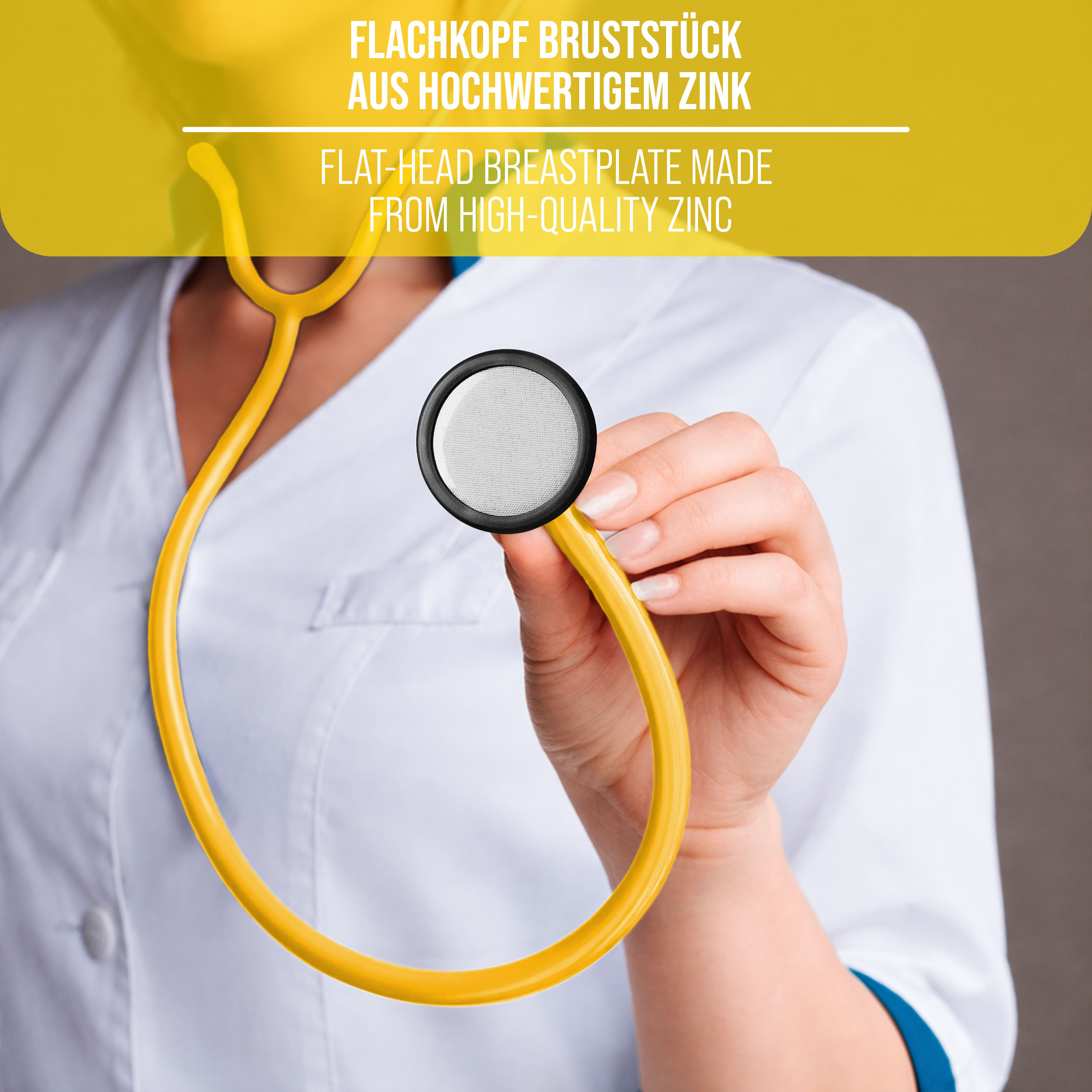 Arzt hält gelbes Stethoskop mit flachem Bruststück aus Zink.