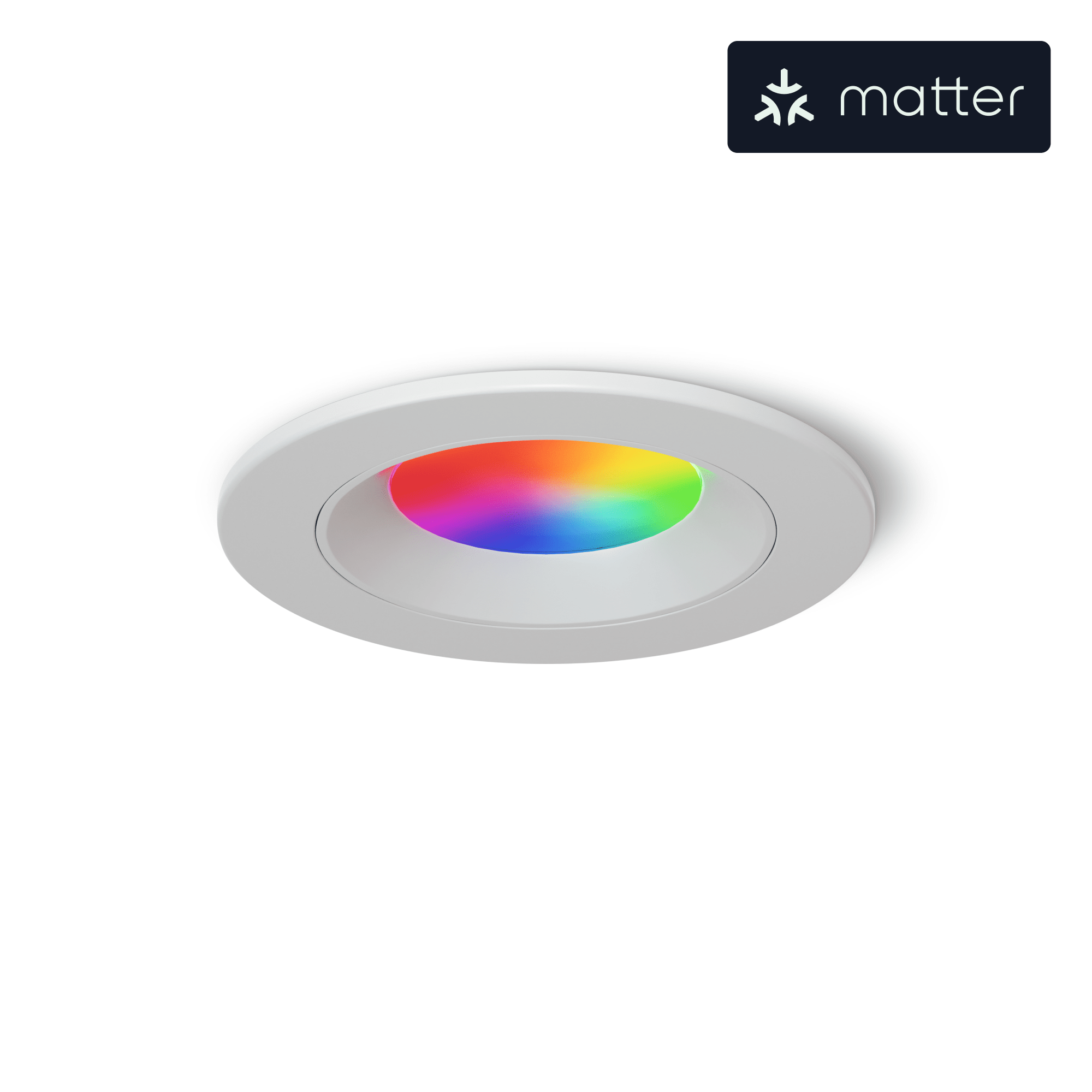Ein runder, weißer Deckenstrahler leuchtet in bunten Farben. Oben rechts ist ein Logo.