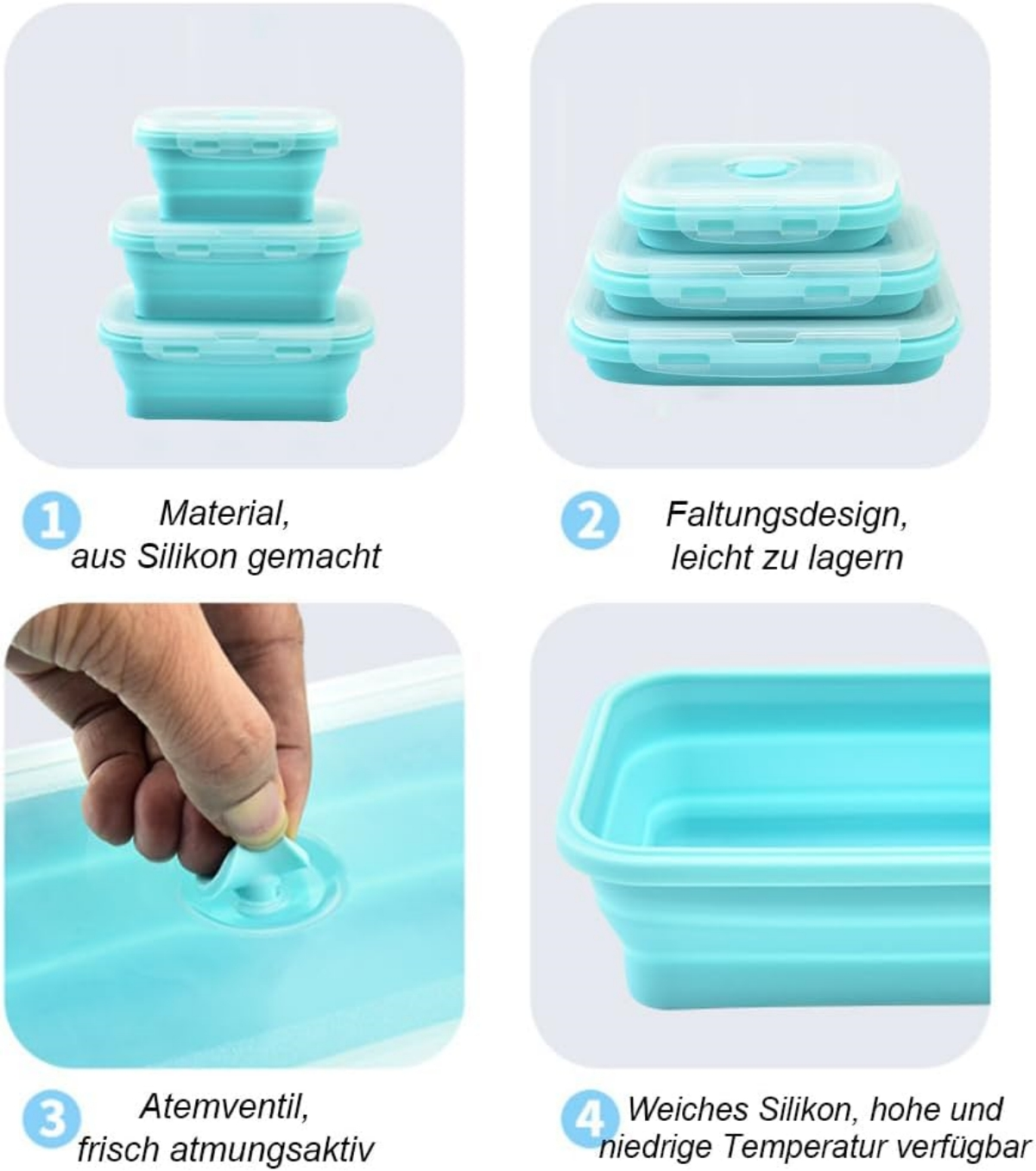 Vier Bilder zeigen stapelbare, blaue Silikonbehälter mit Deckeln.