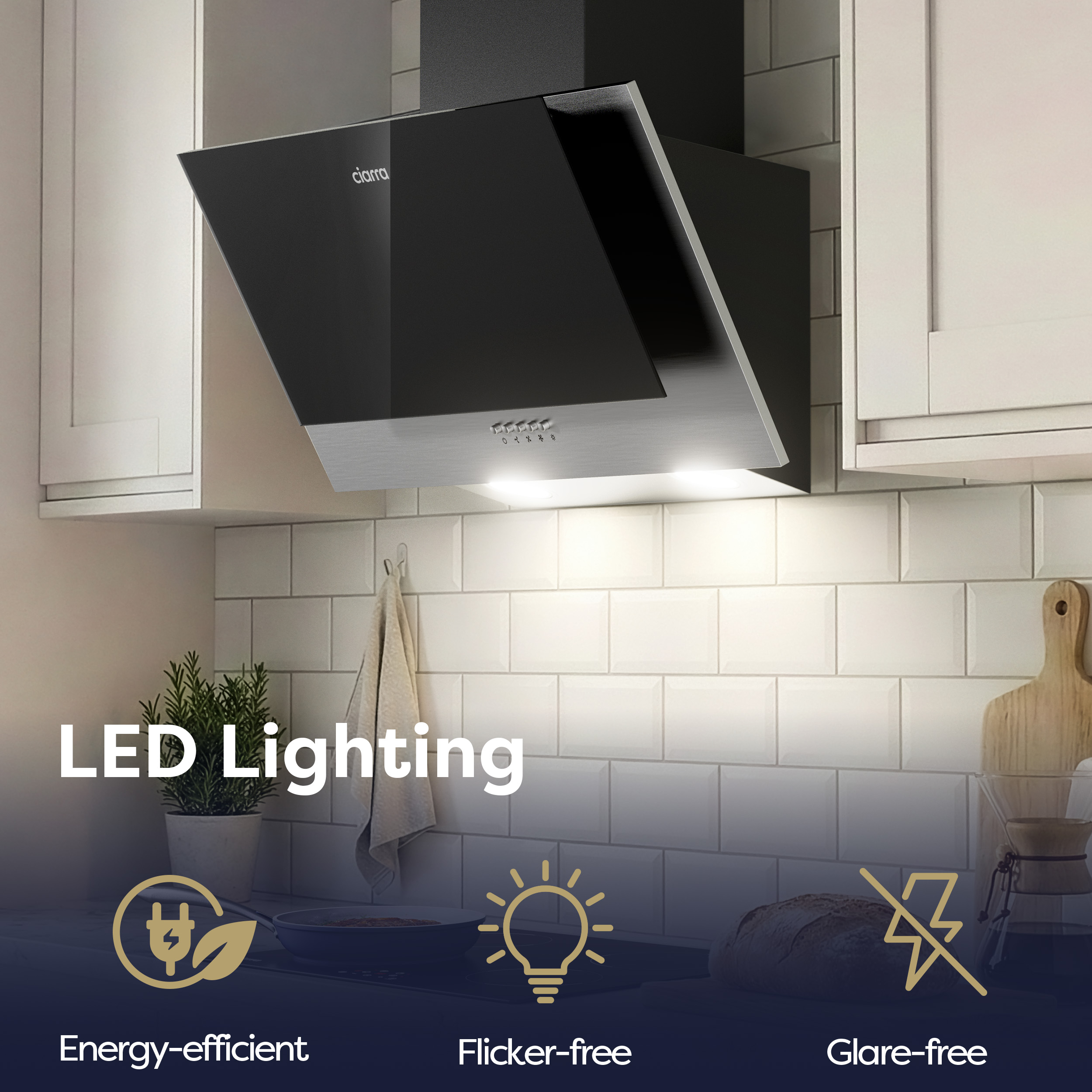 Moderne Küchenabzugshaube mit LED-Beleuchtung, Energieeffizienz und Blendfreiheit.