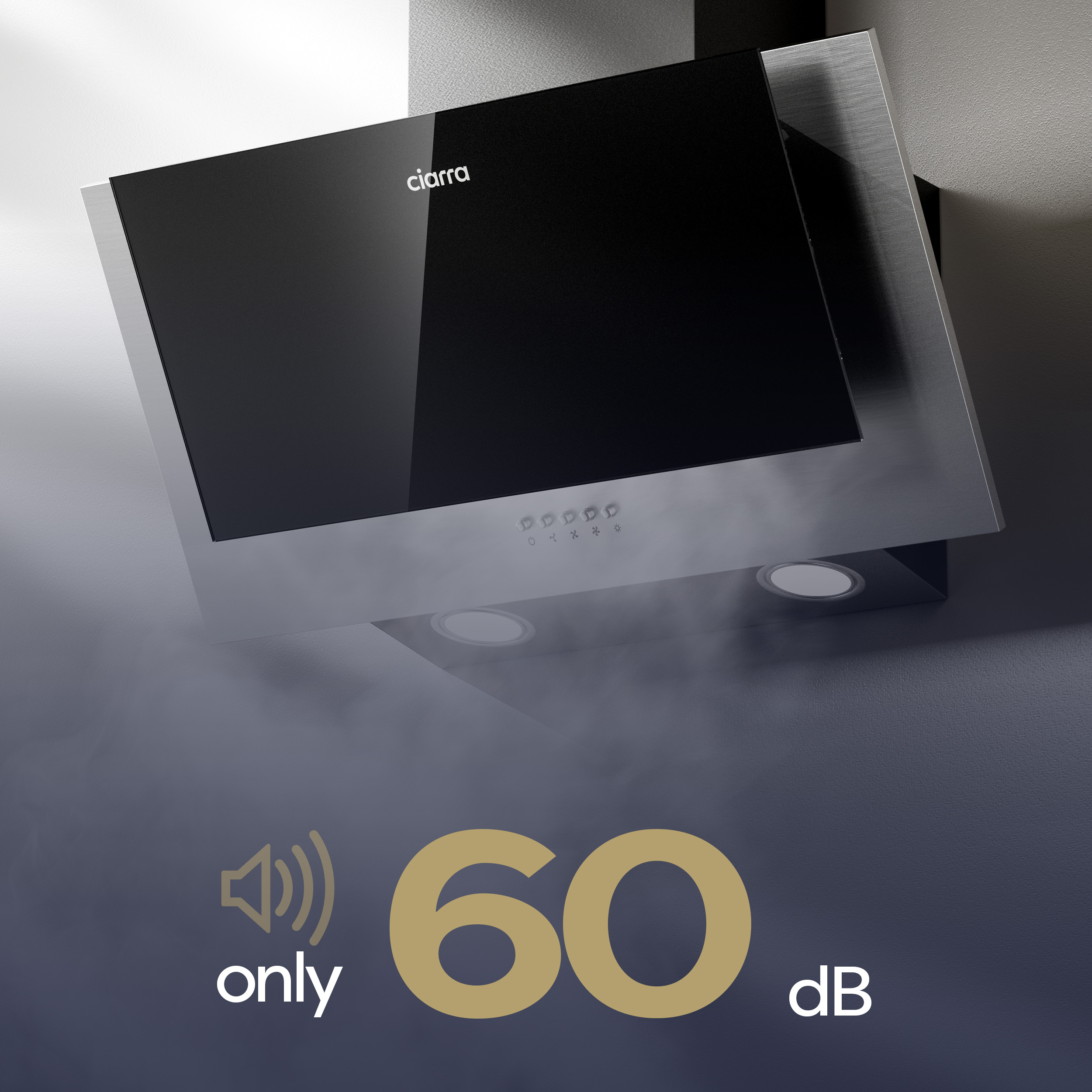 Dunstabzugshaube aus Glas und Edelstahl mit Steuerung und Beleuchtung. Nur 60 dB.