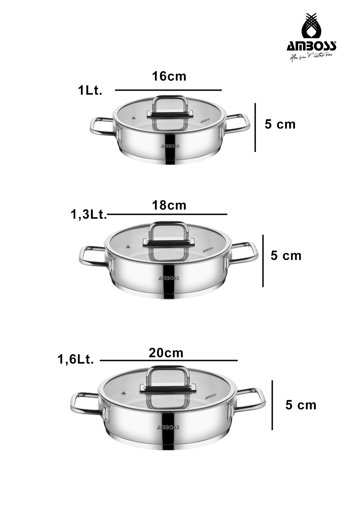 1L, 1.3L ve 1.6L boyutlarında cam kapaklı üç paslanmaz çelik tencere.