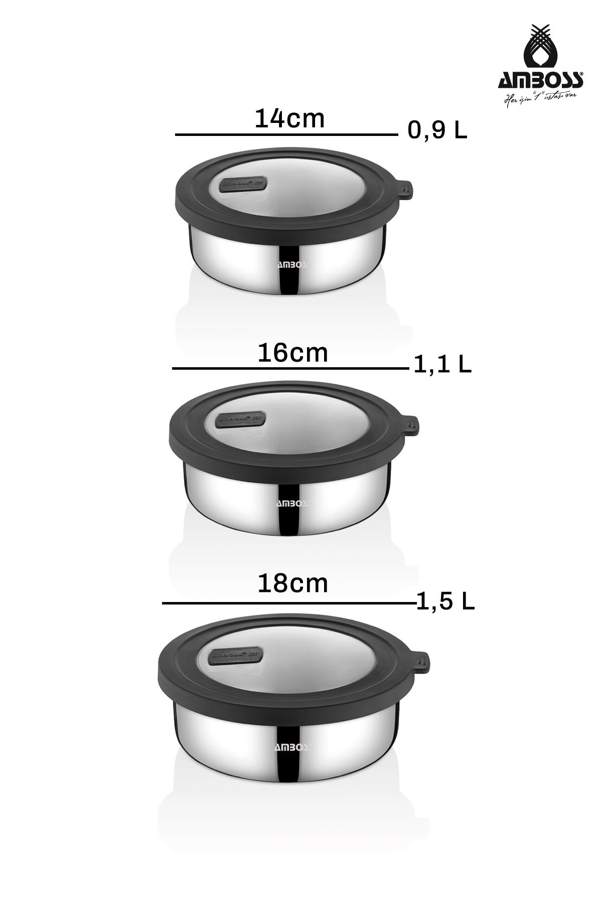 14cm, 16cm, 18cm boyutlarında, siyah kapaklı üç paslanmaz çelik kase.