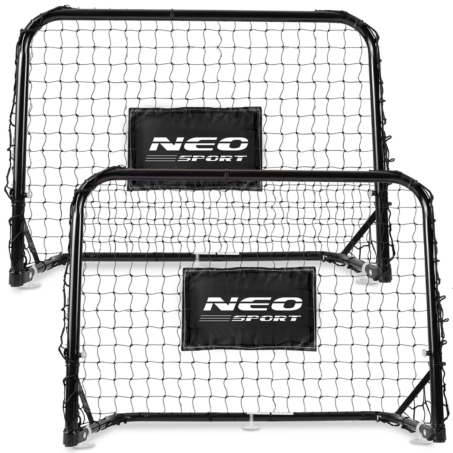 Dwa czarne siatki treningowe NEO SPORT stoją obok siebie na białym tle.