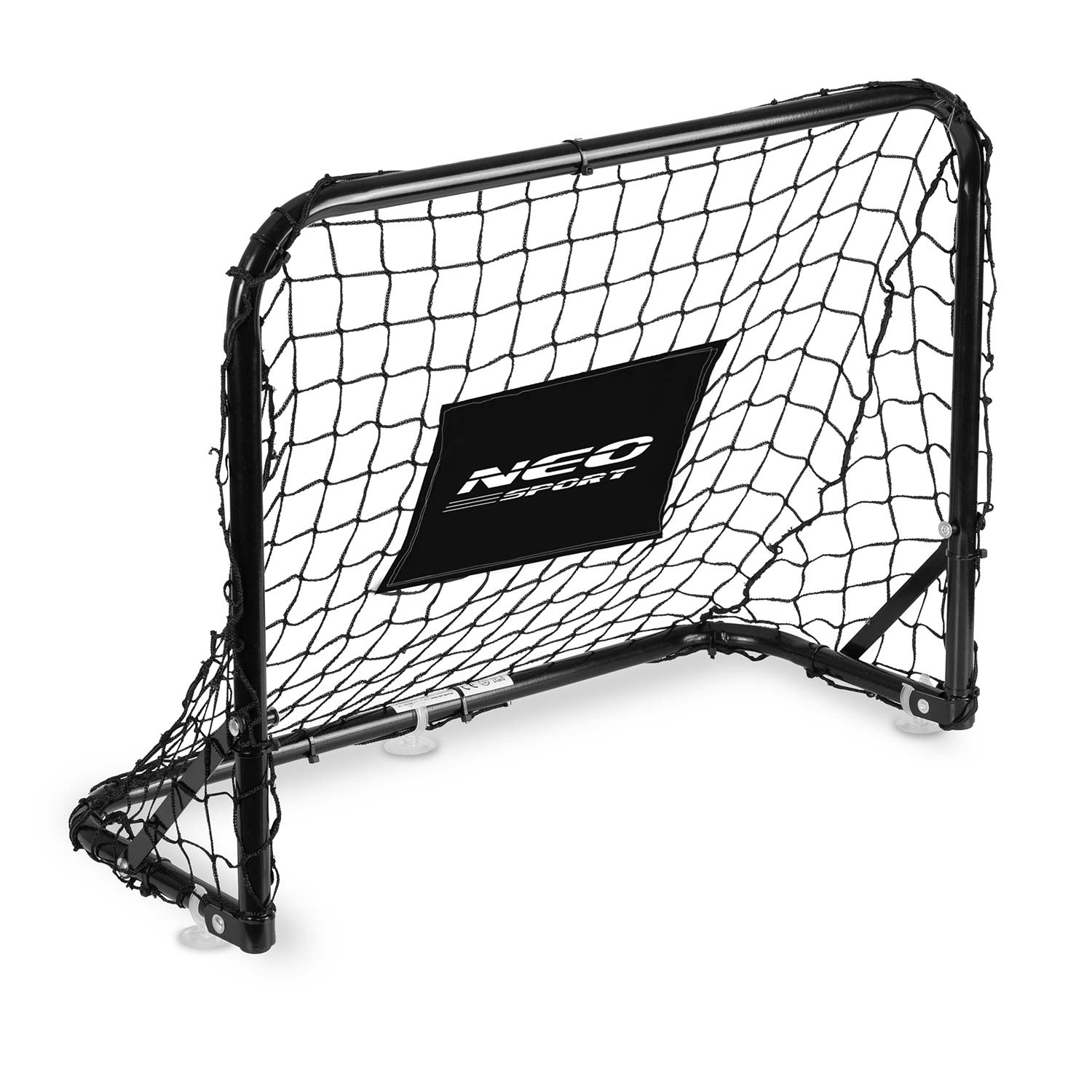 Czarna bramka piłkarska z siatką i logo NEO SPORT.