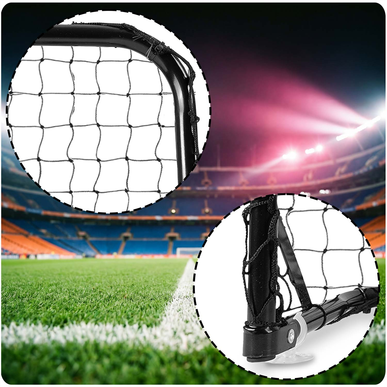 Zbliżenie bramki piłkarskiej na boisku ze stadionem w tle.