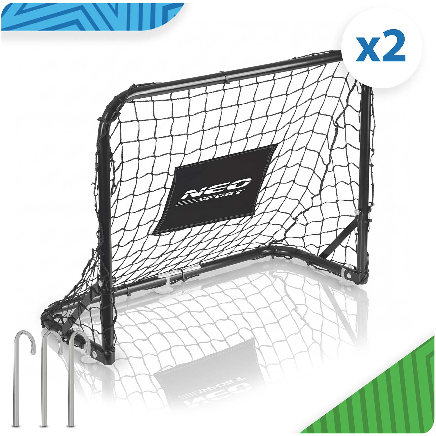 Czarna bramka piłkarska z siatką i symbolem "x2". Zawiera szpilki.