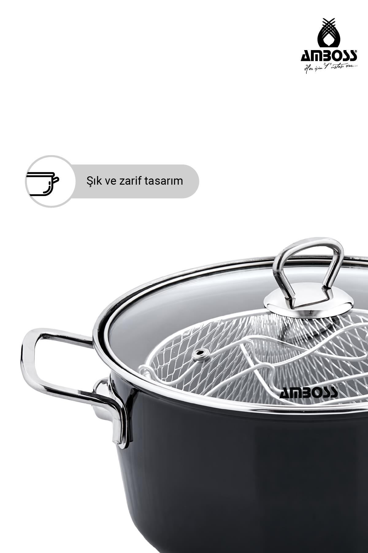Siyah tencere, cam kapaklı ve metal sepetli, kulplu.