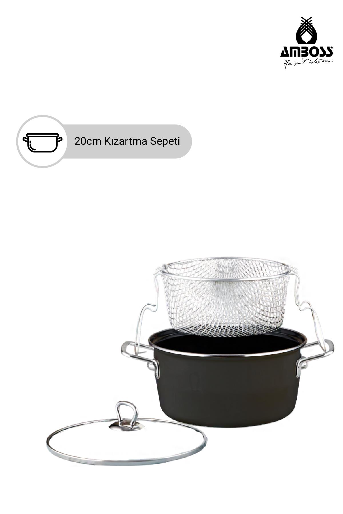 Gümüş fritöz sepetli ve cam kapaklı siyah tencere.