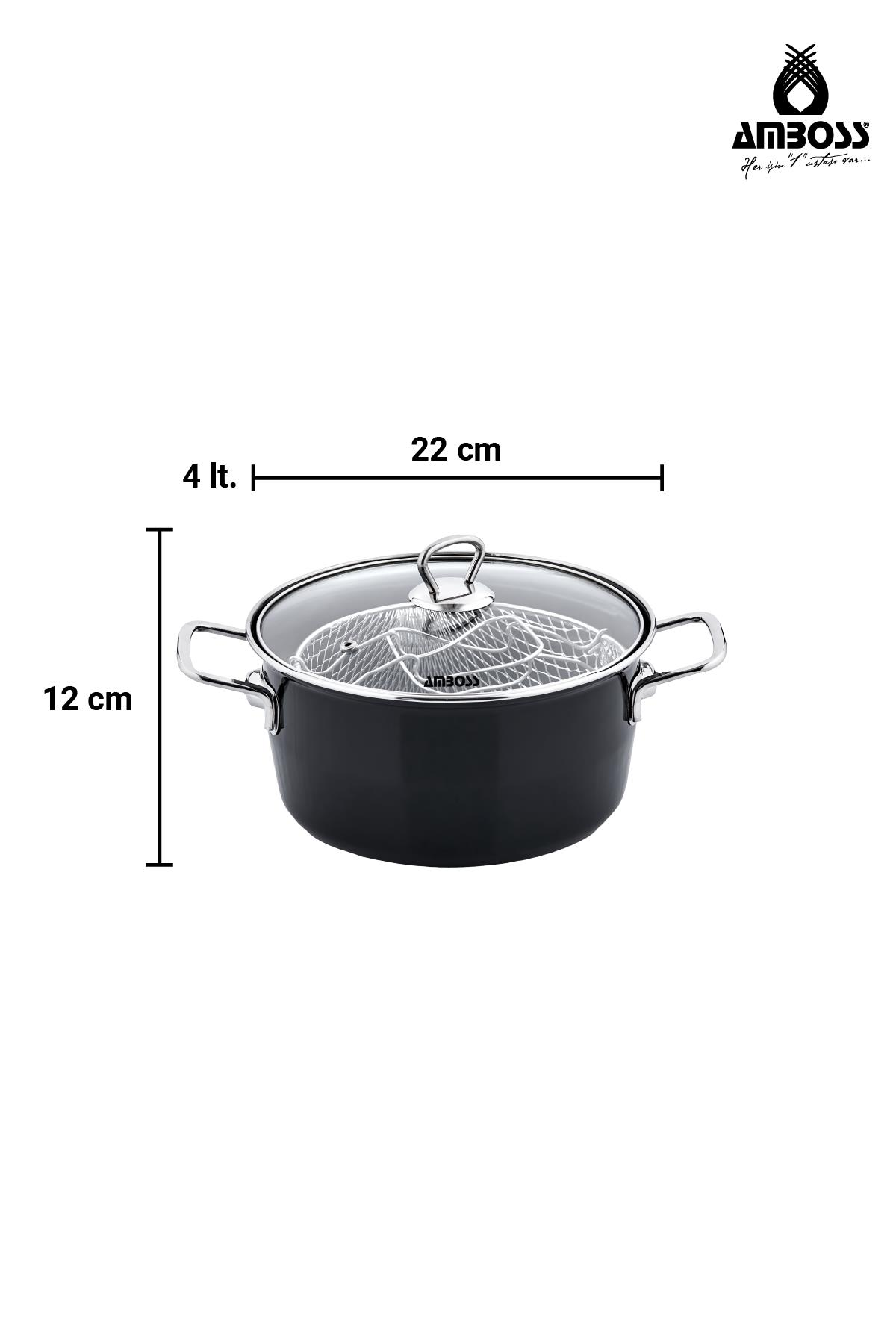 Siyah tencere cam kapaklı, 22x12cm, 4 litre, süzgeçli.